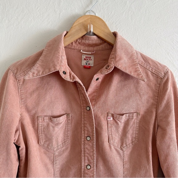 Y2K Miss Sixty Muted Pink Corduroy Shirt Dress Size L - Picture 3 of 6